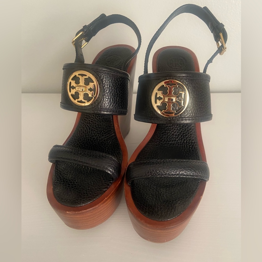 Tory Burch Selma Wood Wedge Sandal Black Leather